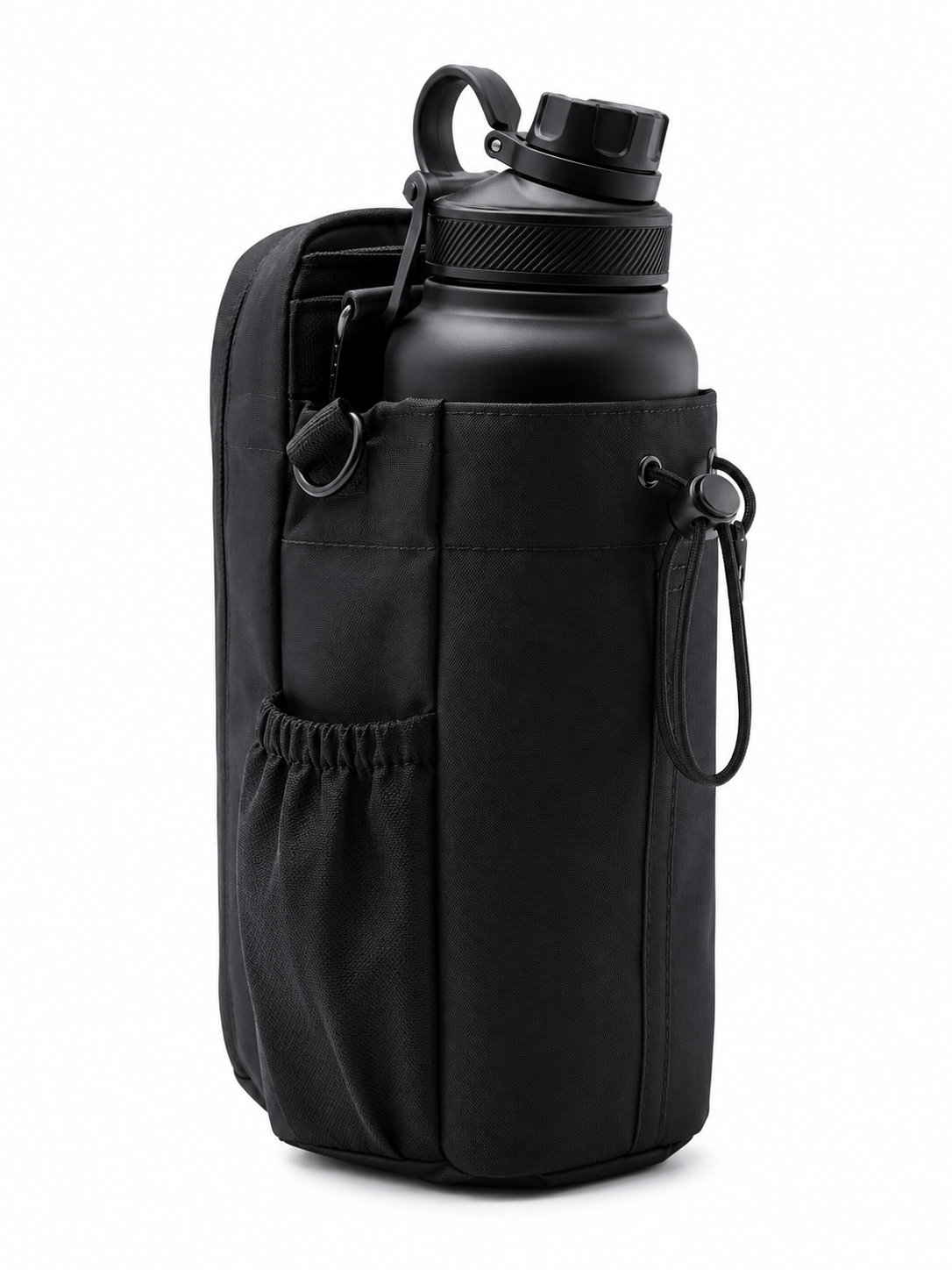 A black insulated water bottle with a carry loop and cap, shown inside a black fabric sleeve or pouch with side straps, on a plain white background.