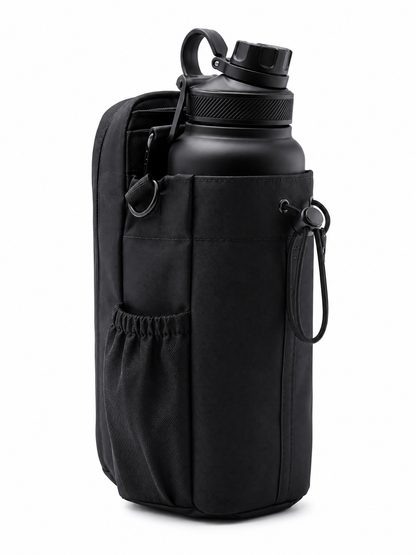 A black insulated water bottle with a carry loop and cap, shown inside a black fabric sleeve or pouch with side straps, on a plain white background.